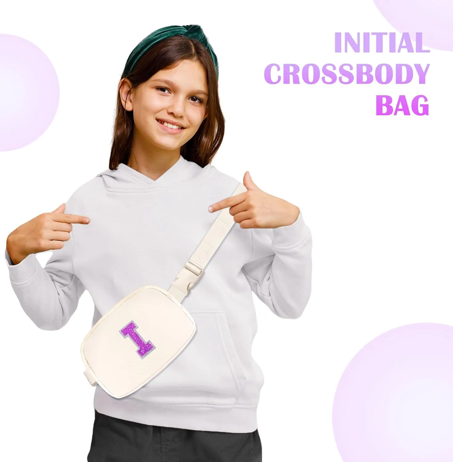COSHAYSOO Small Waist Fanny Pack Belt Bag with Initial Letter Patch Adjustable Strap for Women Girls Running Traveling, Mini Crossbody Travel Purse Sports Events Festival Practical Pouch Ivory (I)