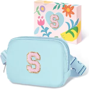 COSHAYSOO Valentines Birthday Initial Gifts for Teen Girls 5 6 7 8 9 10 11 12 13 14 Year Old Blue Fanny Pack for Girls Belt Bag Crossbody Travel Purse Unique Trendy Fashion Stuff Chenille Letter S