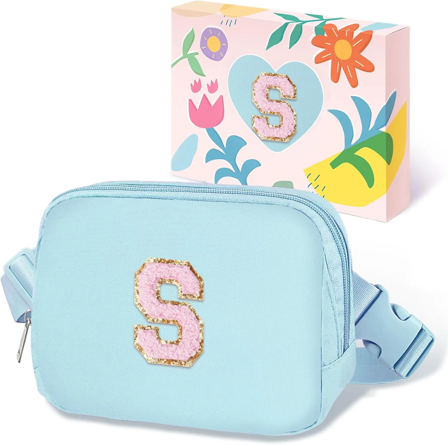 COSHAYSOO Valentines Birthday Initial Gifts for Teen Girls 5 6 7 8 9 10 11 12 13 14 Year Old Blue Fanny Pack for Girls Belt Bag Crossbody Travel Purse Unique Trendy Fashion Stuff Chenille Letter S