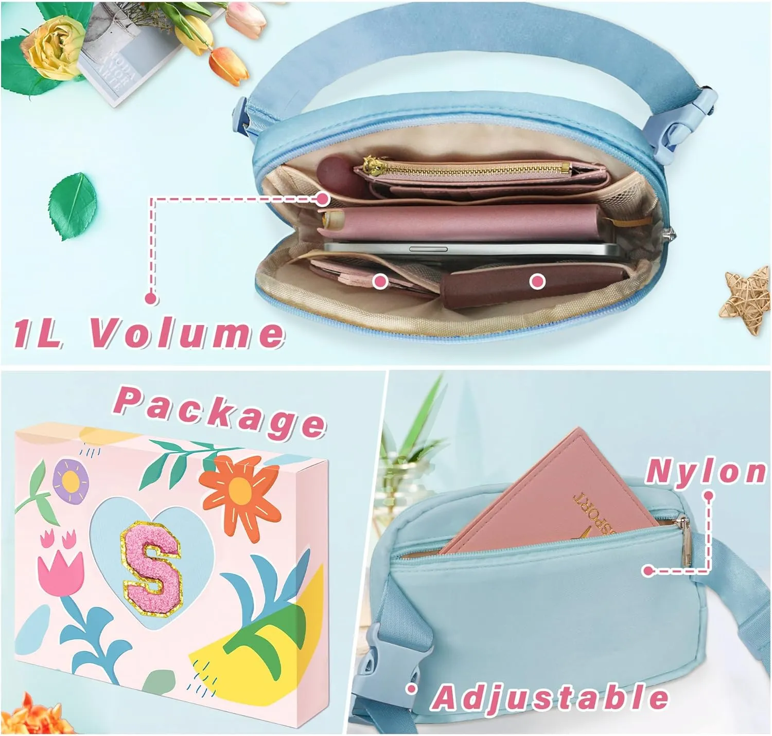 COSHAYSOO Valentines Birthday Initial Gifts for Teen Girls 5 6 7 8 9 10 11 12 13 14 Year Old Blue Fanny Pack for Girls Belt Bag Crossbody Travel Purse Unique Trendy Fashion Stuff Chenille Letter S