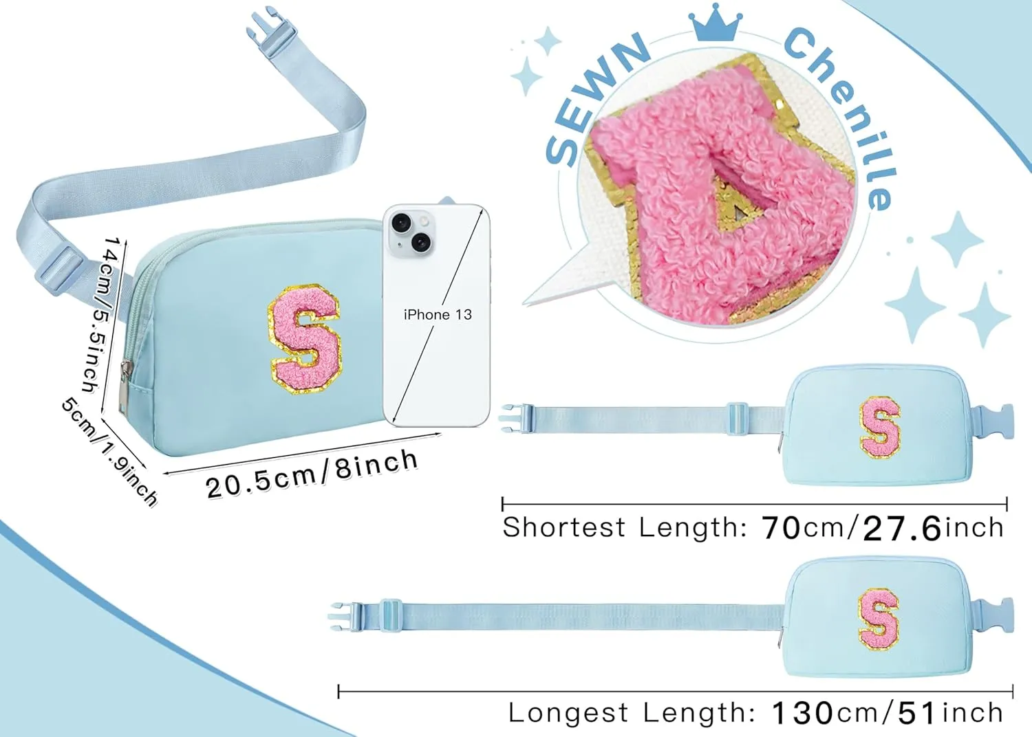 COSHAYSOO Valentines Birthday Initial Gifts for Teen Girls 5 6 7 8 9 10 11 12 13 14 Year Old Blue Fanny Pack for Girls Belt Bag Crossbody Travel Purse Unique Trendy Fashion Stuff Chenille Letter S