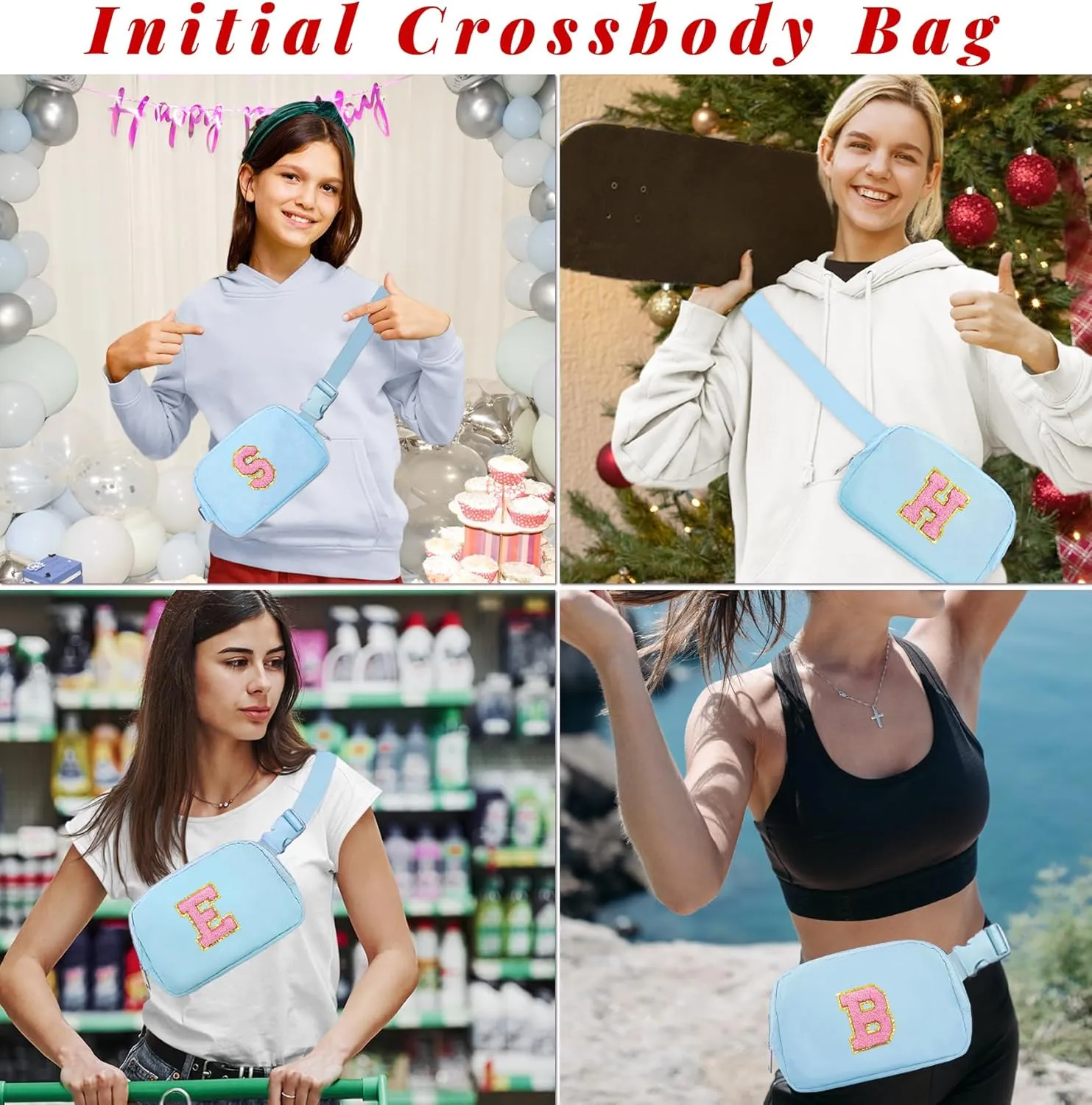 COSHAYSOO Valentines Birthday Initial Gifts for Teen Girls 5 6 7 8 9 10 11 12 13 14 Year Old Blue Fanny Pack for Girls Belt Bag Crossbody Travel Purse Unique Trendy Fashion Stuff Chenille Letter S