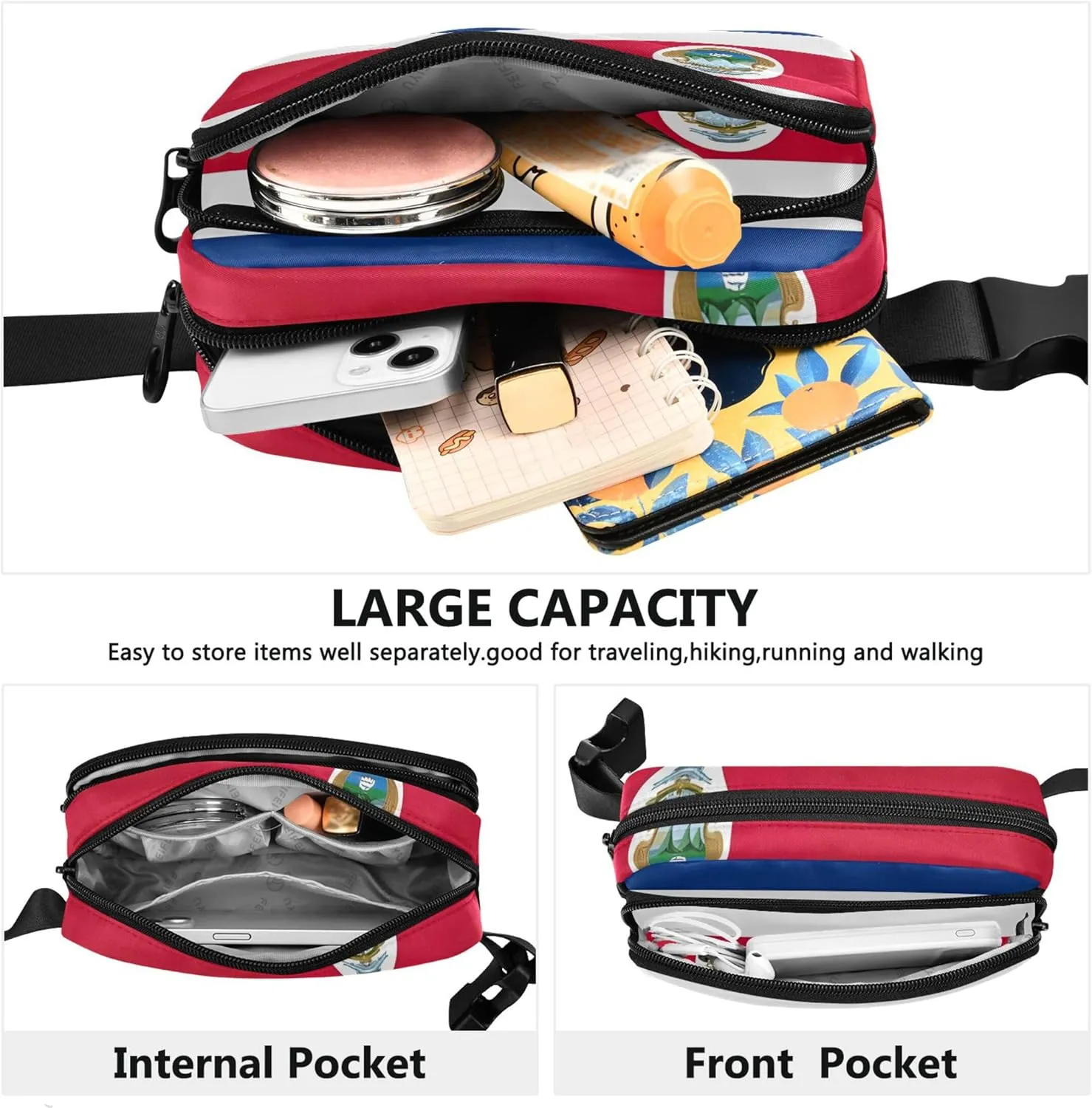 Costa Rica Flag Fanny Packs Women Waterproof Hip Pack Belt Pouch Flower Crossbody Waist Purse