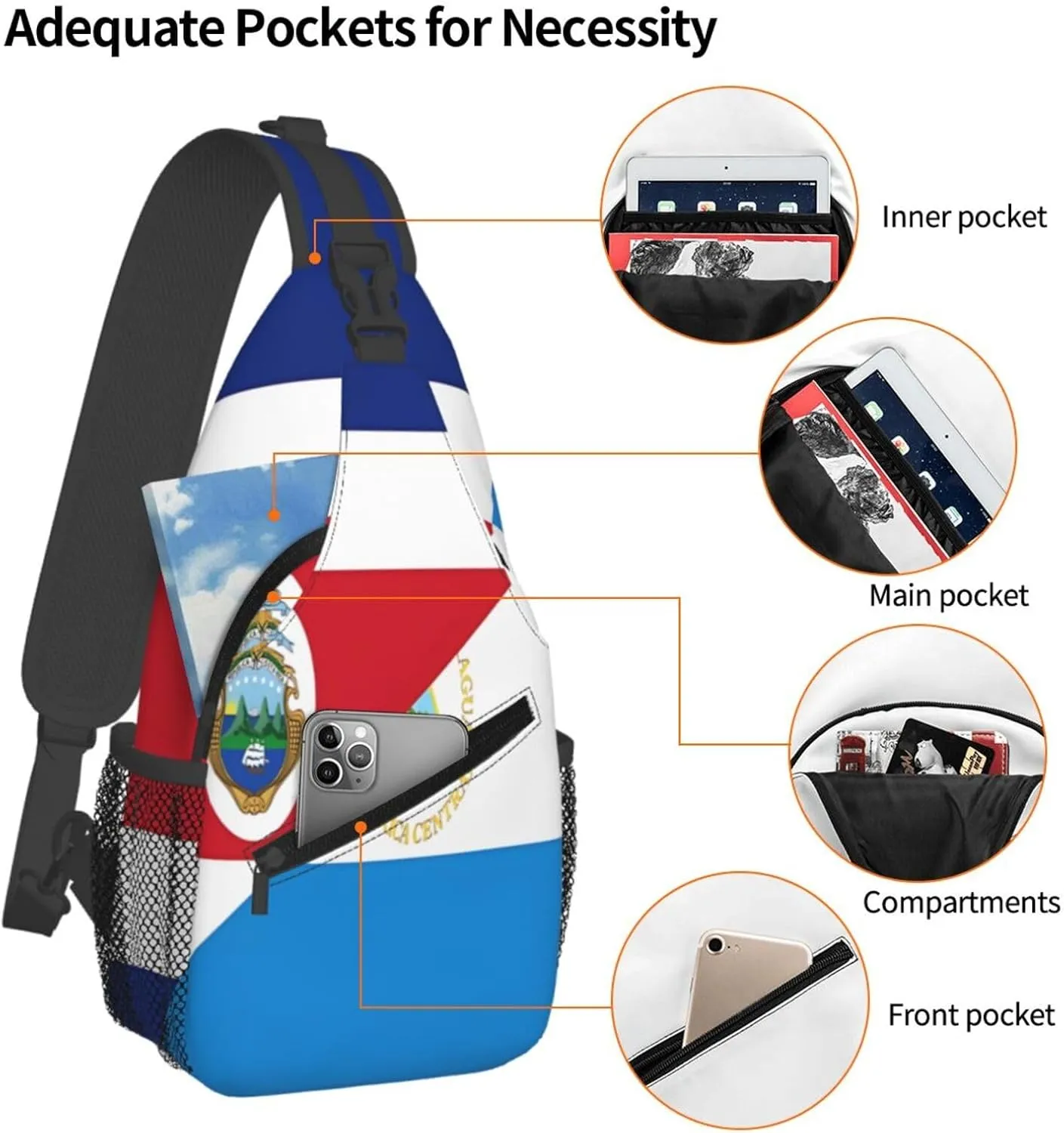 Costa Rica Nicaragua Flag Crossbody Bags Sling Backpack Cross Chest Bag Sports Shoulder Bag Gym Fanny Pack Adjustable Cycling Daypack Diagonally Rucksack for Running
