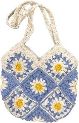 Cotton Handmade Crochet Daisy Flower Tote Bag, Spring and Summer Shoulder Bag