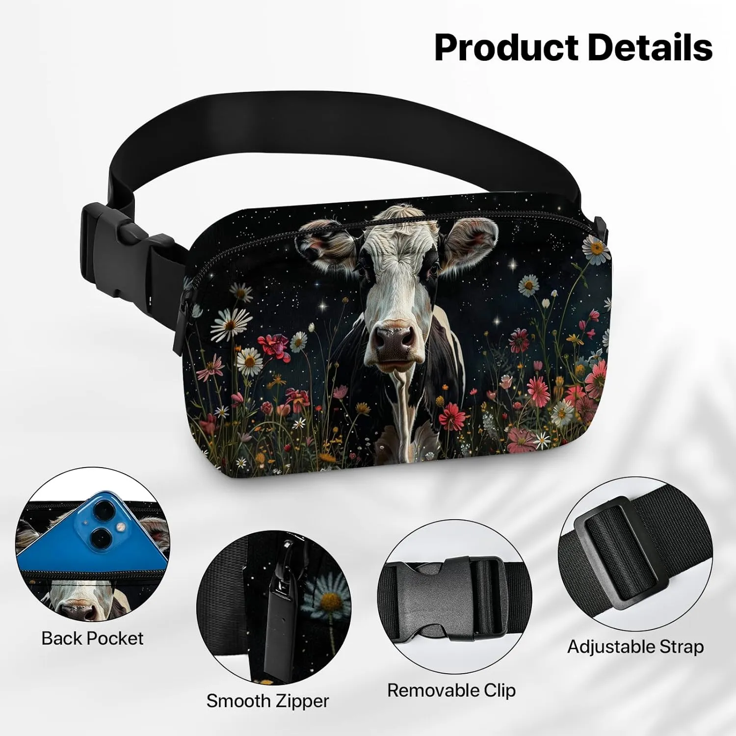 Cow Fanny Pack for Women Men Belt Bag Waterproof Waist Bags With Adjustable Straps Phone Purse Wallet Presents for Travel Sports Workout