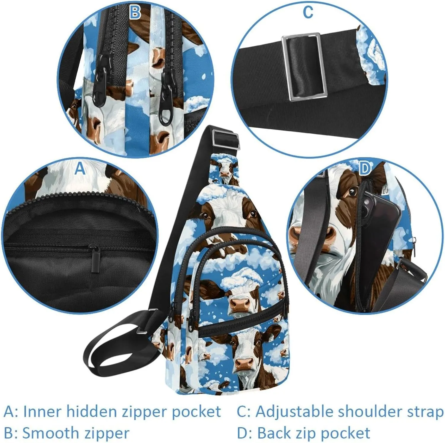 Cow in Snow (2) Chest Bag Daypack Crossbody for Travel Sport Running Hiking