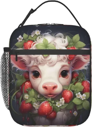 Cow In Strawberry Bush Lunch Tote Bag,Food Handbags Case For Women Lunch Box Insulated Lunch Container