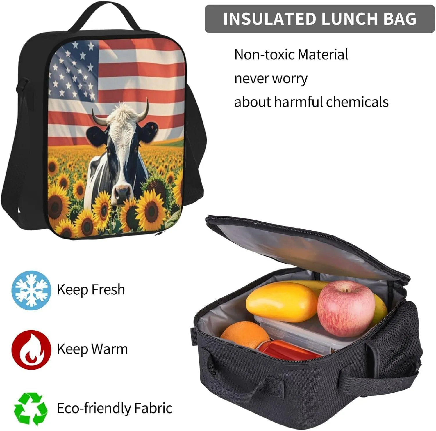 Cow in Sunflower Field with American Flag 3 Piece Set Backpacks Laptop Backpack Makeup Bag Insulated Lunch Bag for Travel Work Camping