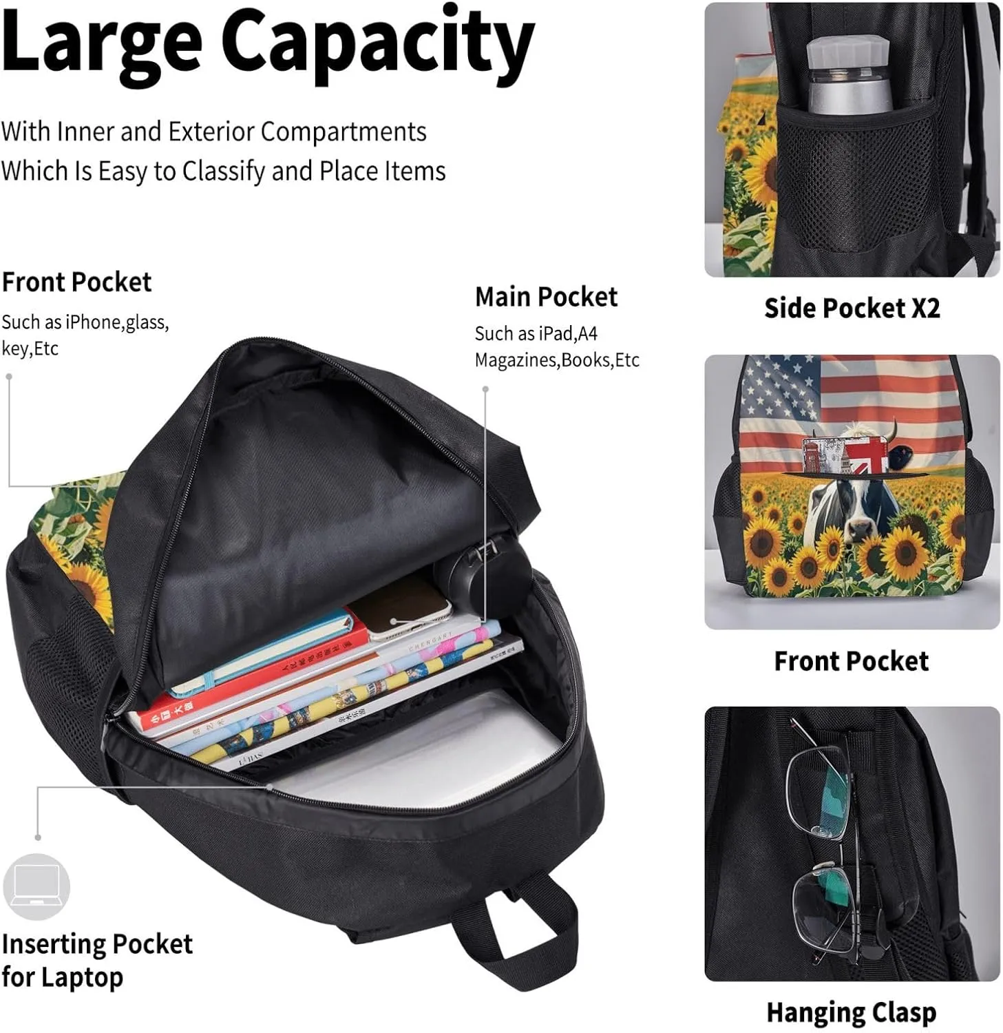 Cow in Sunflower Field with American Flag 3 Piece Set Backpacks Laptop Backpack Makeup Bag Insulated Lunch Bag for Travel Work Camping