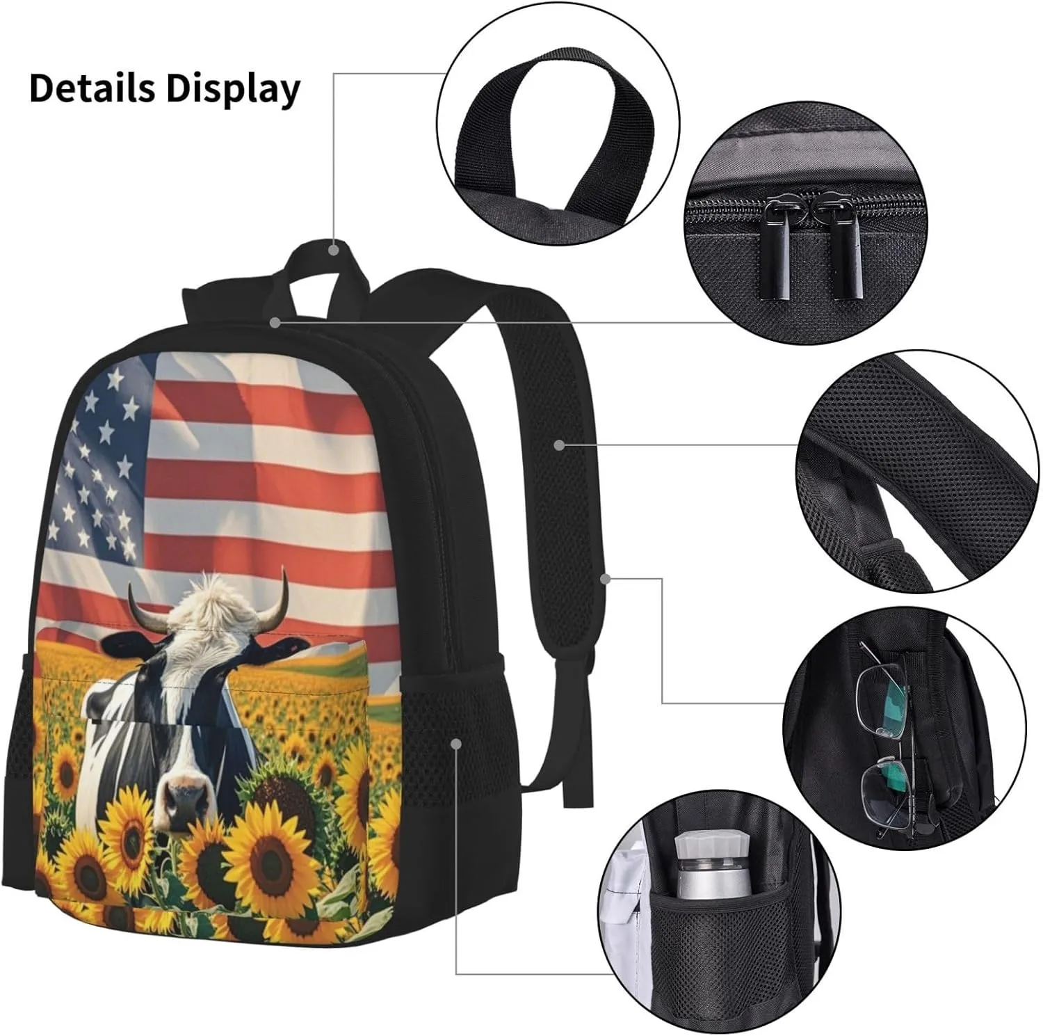 Cow in Sunflower Field with American Flag 3 Piece Set Backpacks Laptop Backpack Makeup Bag Insulated Lunch Bag for Travel Work Camping