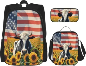 Cow in Sunflower Field with American Flag 3 Piece Set Backpacks Laptop Backpack Makeup Bag Insulated Lunch Bag for Travel Work Camping