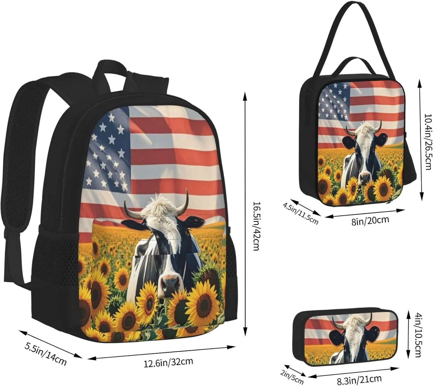 Cow in Sunflower Field with American Flag 3 Piece Set Backpacks Laptop Backpack Makeup Bag Insulated Lunch Bag for Travel Work Camping