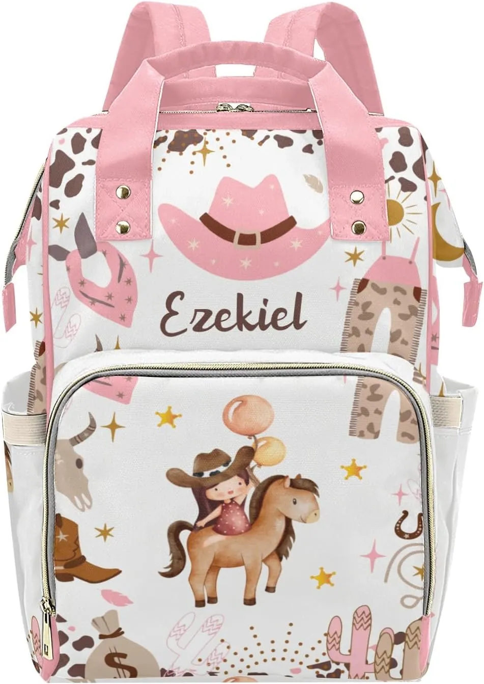 Cowgirl Balloon Western Life Personalized Name Diaper Bag Backpack,Custom Travel DayPack for Nappy Mommy Bag Gift