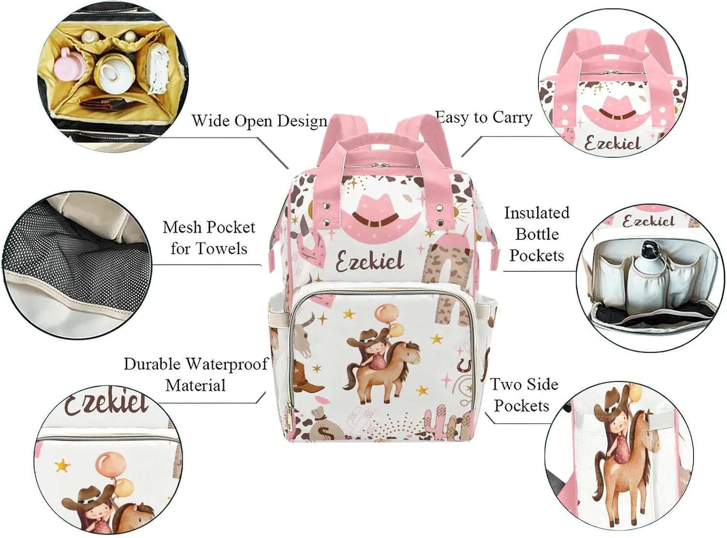 Cowgirl Balloon Western Life Personalized Name Diaper Bag Backpack,Custom Travel DayPack for Nappy Mommy Bag Gift