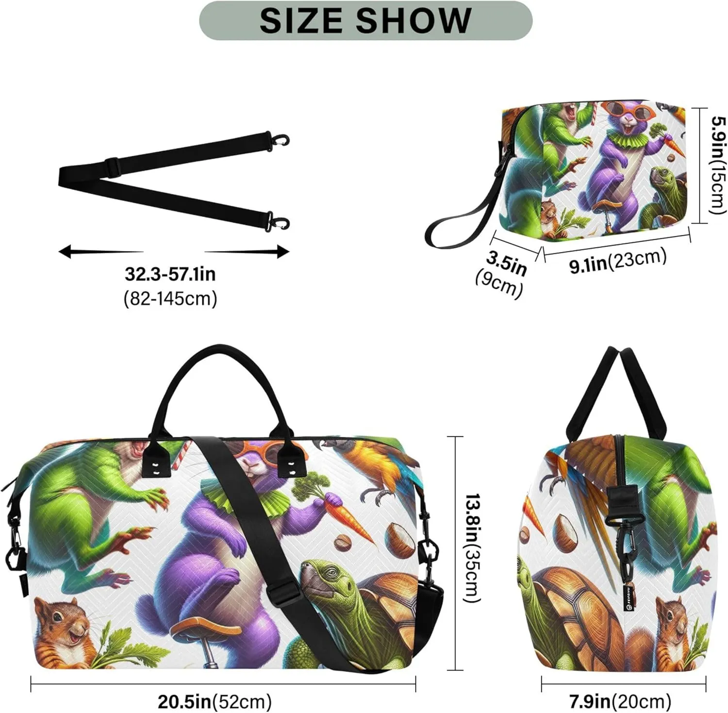 Crazy Funny Animals Duffel Bags Travel Cosmetic Pouch Set of 2, Floral Sports Bags Duffel for Traveling