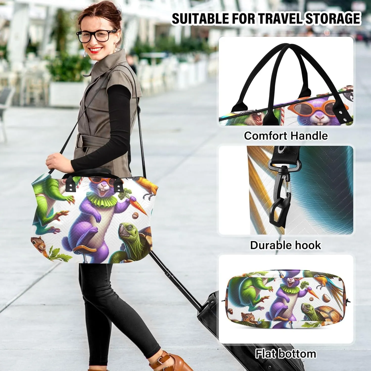 Crazy Funny Animals Duffel Bags Travel Cosmetic Pouch Set of 2, Floral Sports Bags Duffel for Traveling
