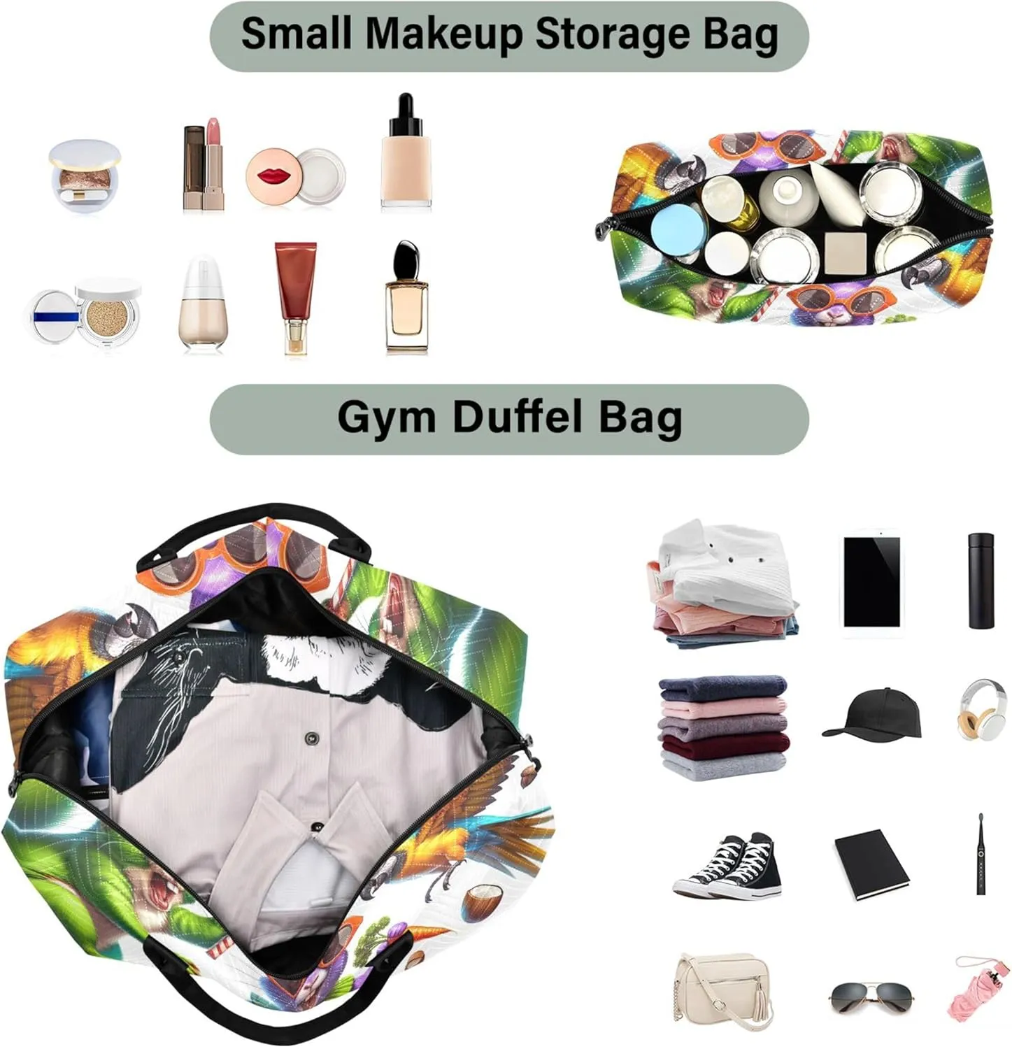 Crazy Funny Animals Duffel Bags Travel Cosmetic Pouch Set of 2, Floral Sports Bags Duffel for Traveling