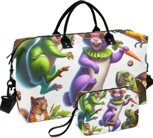 Crazy Funny Animals Duffel Bags Travel Cosmetic Pouch Set of 2, Floral Sports Bags Duffel for Traveling