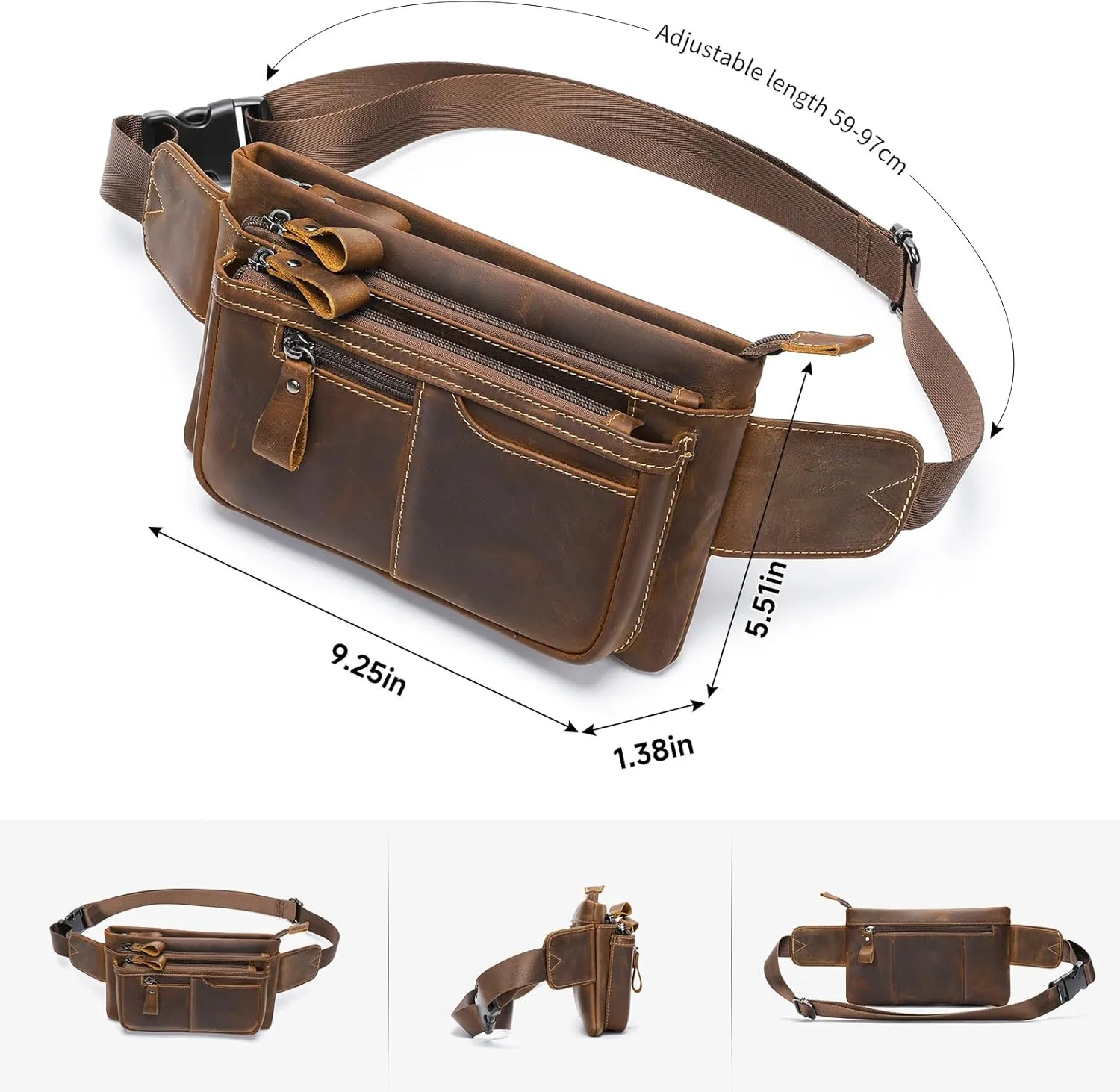 Crazy Horse Leather Mens Fanny Pack for Men Belt Bags, Hiking Waist Pack for Phone, Bum Hip Bag, Sling Shoulder Crossbody Bags Purse with Muliti-pockets