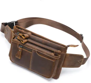 Crazy Horse Leather Mens Fanny Pack for Men Belt Bags, Hiking Waist Pack for Phone, Bum Hip Bag, Sling Shoulder Crossbody Bags Purse with Muliti-pockets