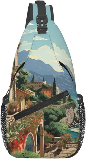 Crossbody Bag Sling Backpack Mediterranean Summer Travel Hiking Chest Bag Daypack for Women Men