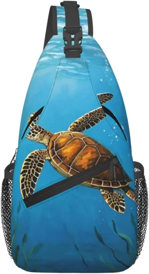 Crossbody Bags for Men Women, Mens Shoulder Sling Bag Backpack Daypack, Casual Chest Bag Fanny Pack Purse with Adjustable Strap for Travel Hiking Shopping, Sea Ocean Turtle Seaweed