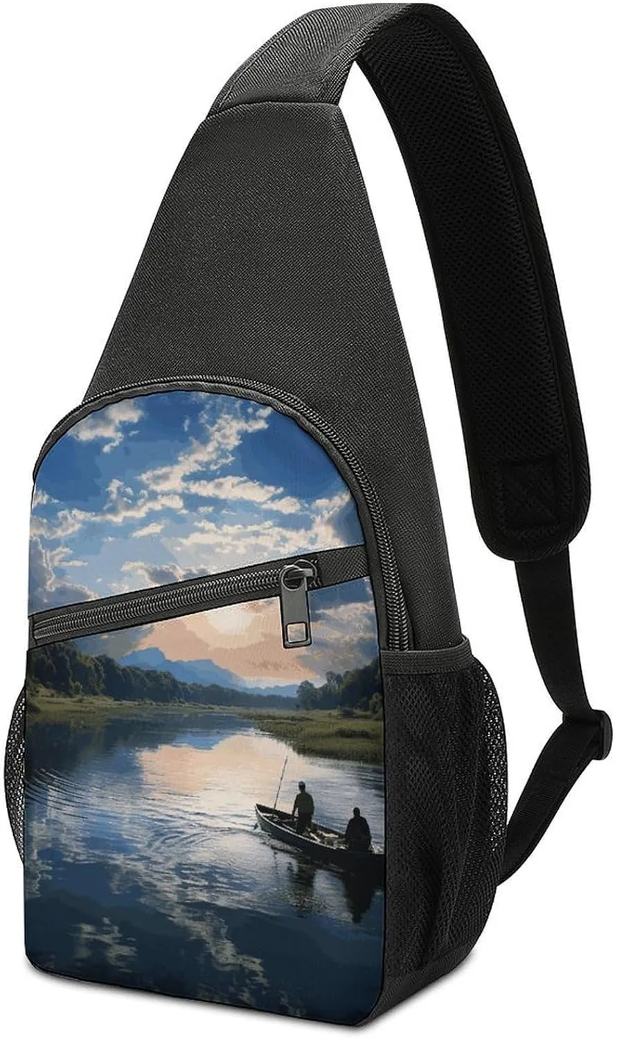 Crossbody Bags for Women Men Fishing Scenic Printed Sling Backpack Mini Chest Backpack Lightweight Travel Hiking Daypack Casual Shoulder Daypack