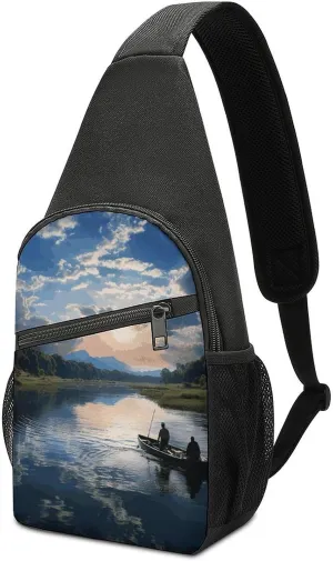 Crossbody Bags for Women Men Fishing Scenic Printed Sling Backpack Mini Chest Backpack Lightweight Travel Hiking Daypack Casual Shoulder Daypack