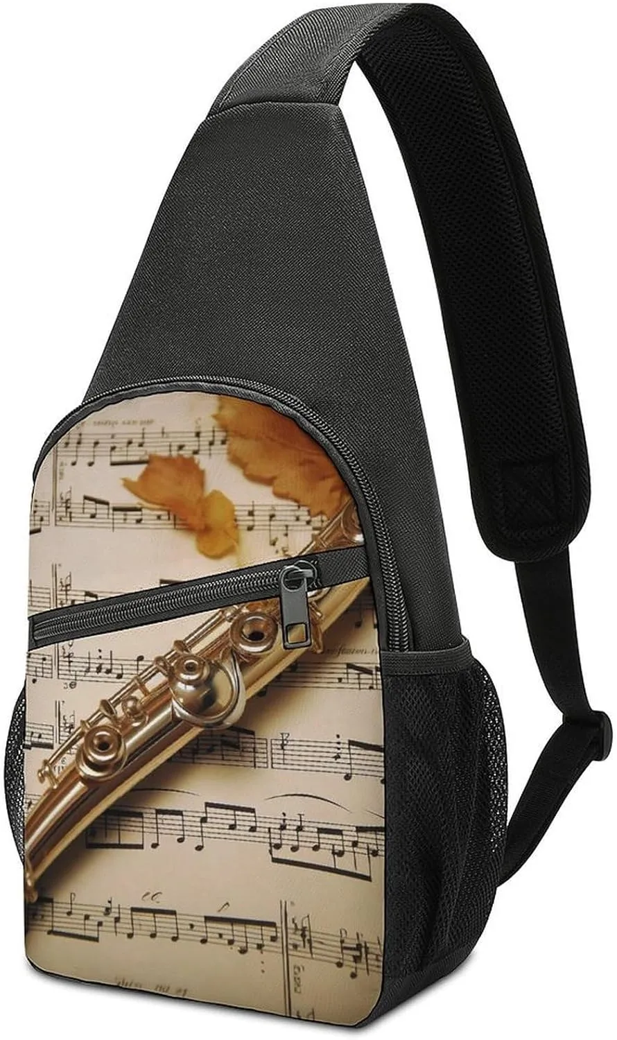 Crossbody Bags for Women Men Flute Music Printed Sling Backpack Mini Chest Backpack Lightweight Travel Hiking Daypack Casual Shoulder Daypack