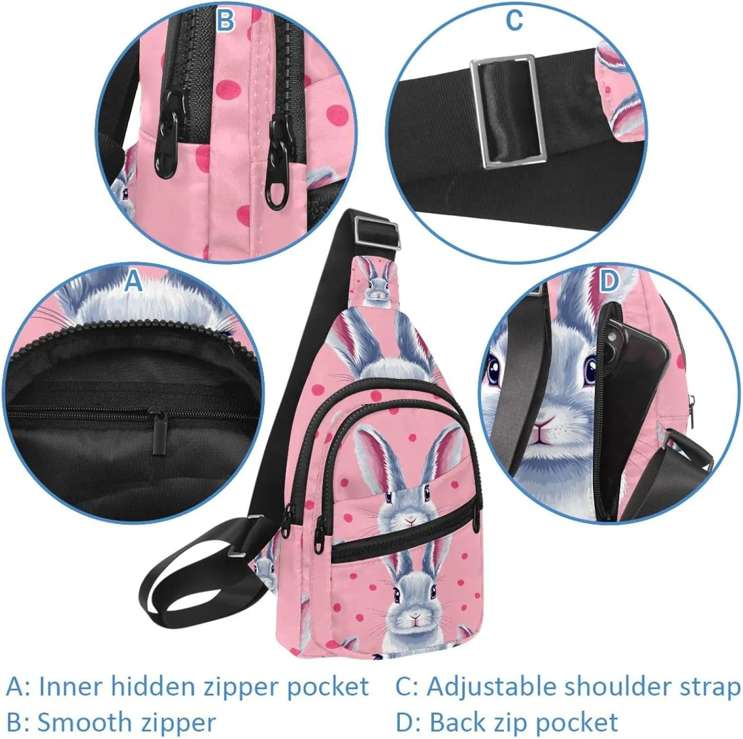 Crossbody Bags for Women Men rabbit head (1) Sling Bag Bakpack Casual Chest Bag with Convertible Shoulder Strap