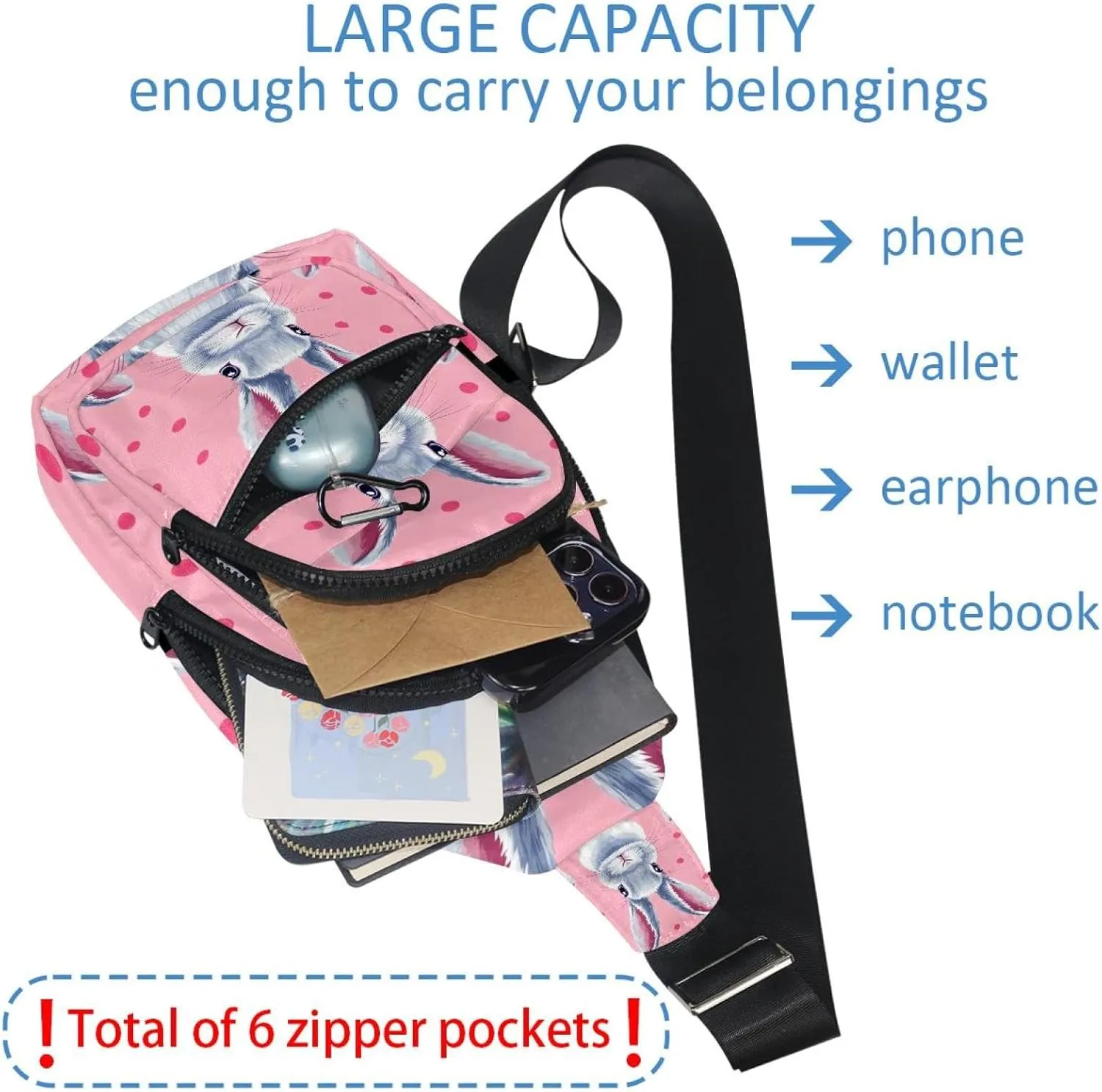 Crossbody Bags for Women Men rabbit head (1) Sling Bag Bakpack Casual Chest Bag with Convertible Shoulder Strap