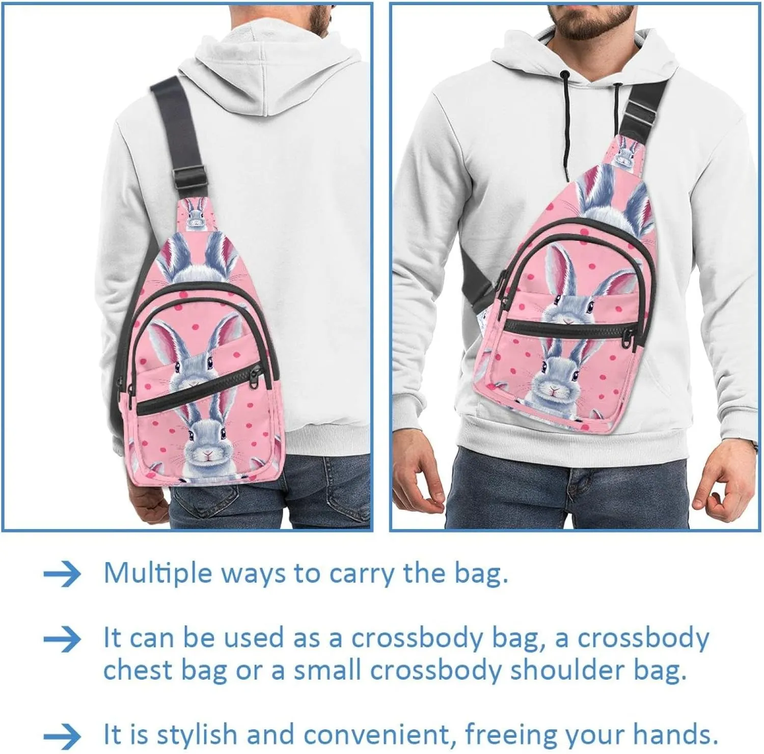 Crossbody Bags for Women Men rabbit head (1) Sling Bag Bakpack Casual Chest Bag with Convertible Shoulder Strap