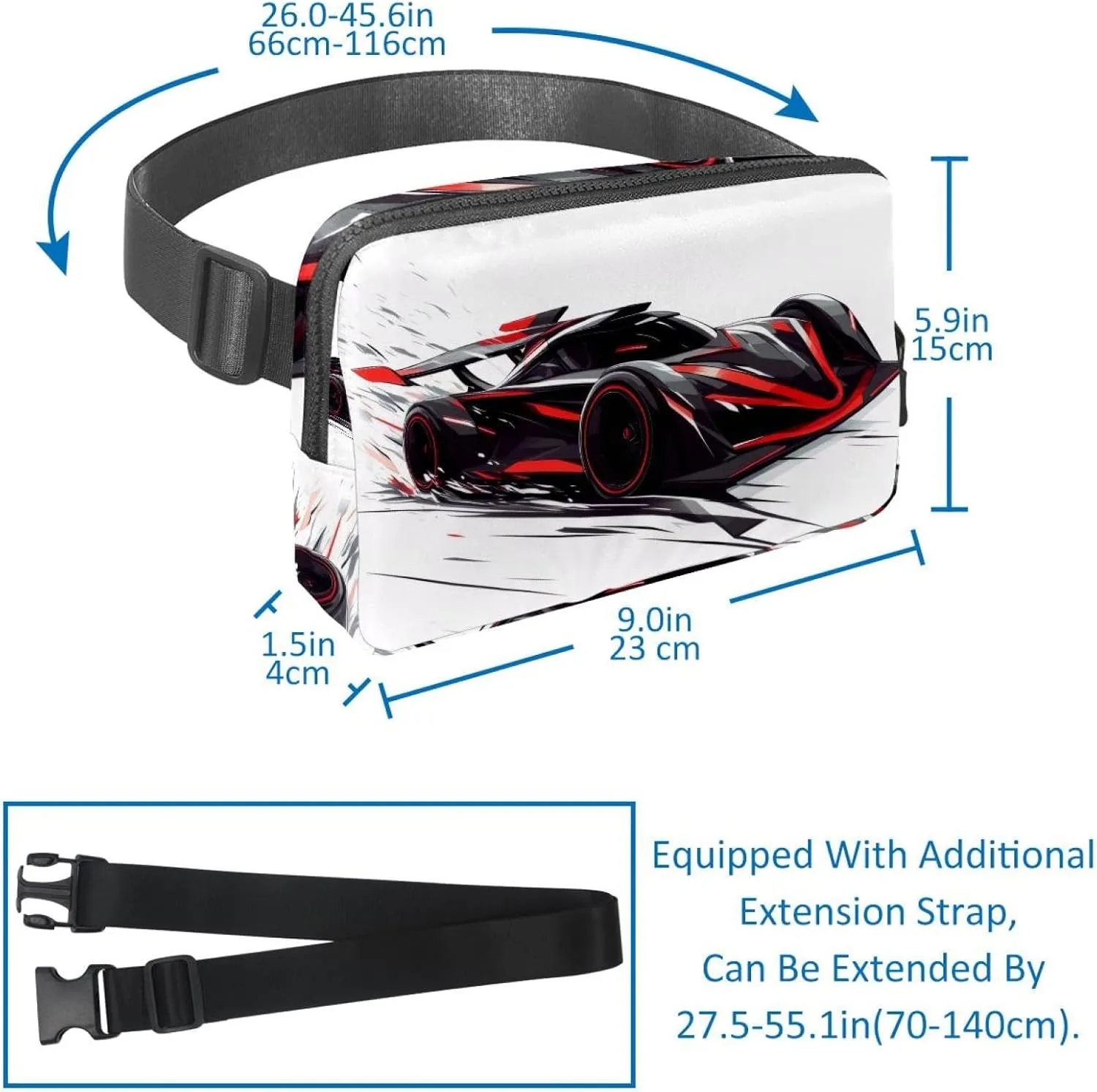 Crossbody Belt Bag for Women Men, Black Race Car Fanny Packs with Zipper Pockets,Waterproof Waist Packs with Adjustable Strap for Workout Running Traveling Hiking