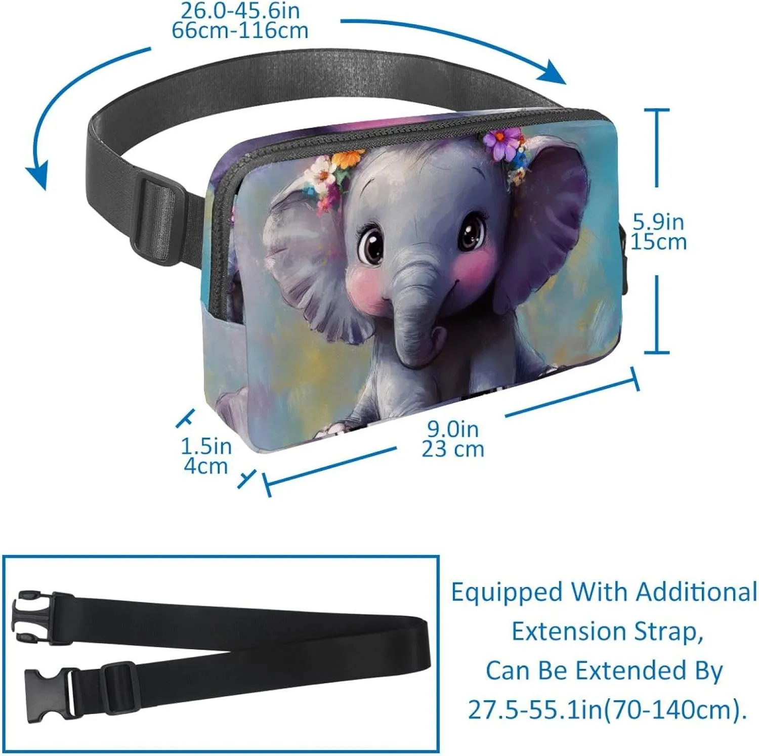 Crossbody Belt Bag for Women Men, Cute Elephant Garland Painting Fanny Packs with Zipper Pockets,Waterproof Waist Packs with Adjustable Strap for Workout Running Traveling Hiking
