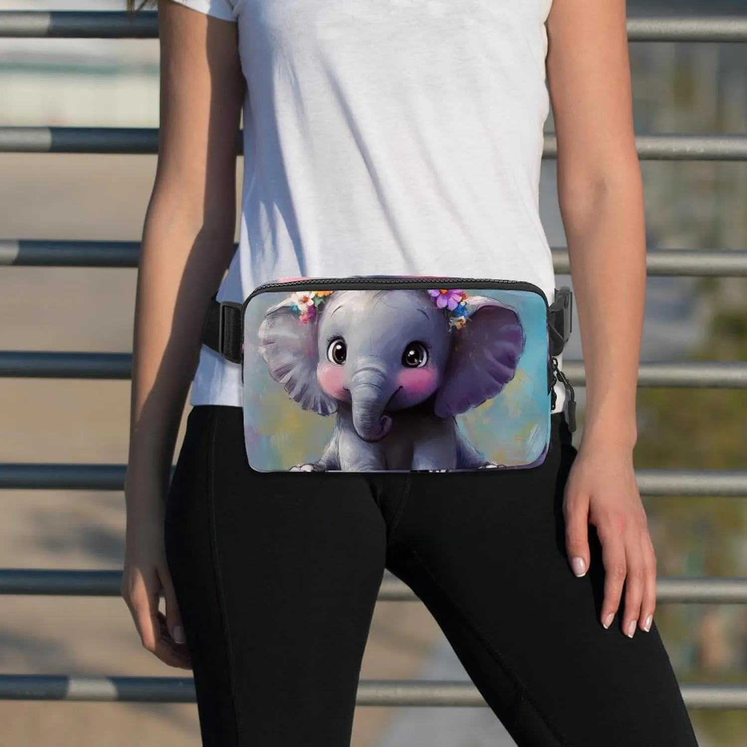 Crossbody Belt Bag for Women Men, Cute Elephant Garland Painting Fanny Packs with Zipper Pockets,Waterproof Waist Packs with Adjustable Strap for Workout Running Traveling Hiking