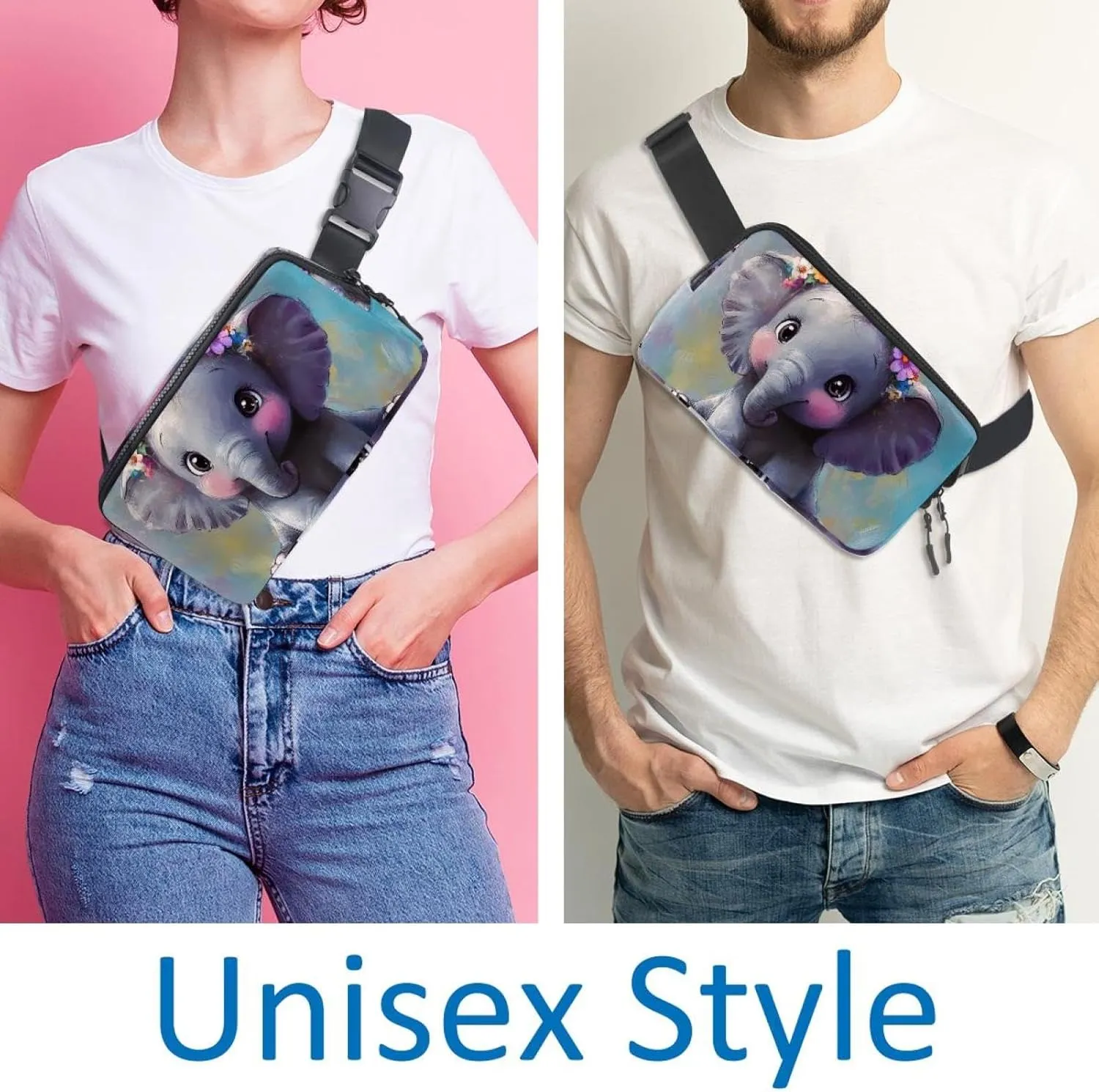 Crossbody Belt Bag for Women Men, Cute Elephant Garland Painting Fanny Packs with Zipper Pockets,Waterproof Waist Packs with Adjustable Strap for Workout Running Traveling Hiking