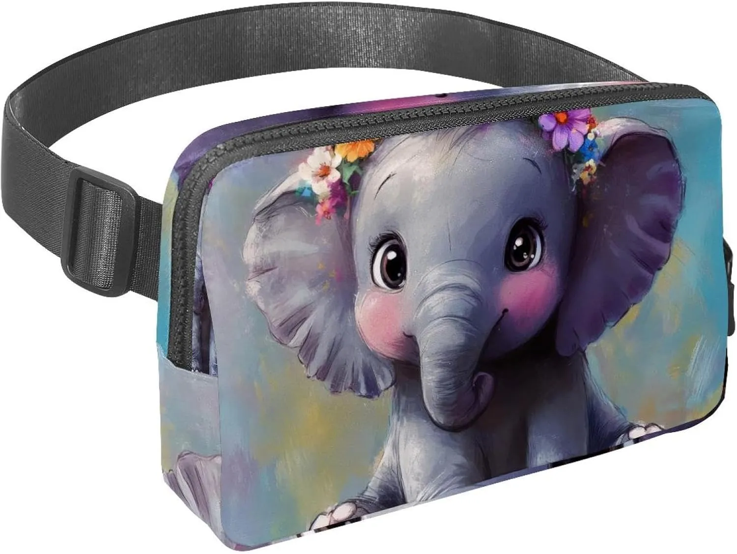 Crossbody Belt Bag for Women Men, Cute Elephant Garland Painting Fanny Packs with Zipper Pockets,Waterproof Waist Packs with Adjustable Strap for Workout Running Traveling Hiking