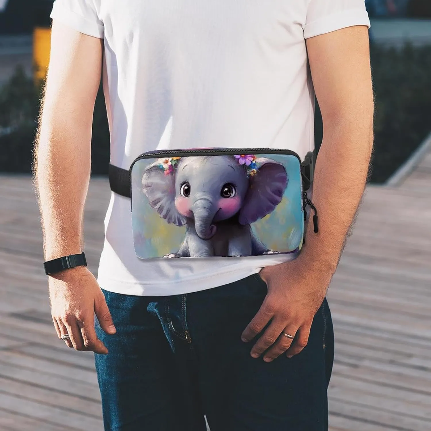 Crossbody Belt Bag for Women Men, Cute Elephant Garland Painting Fanny Packs with Zipper Pockets,Waterproof Waist Packs with Adjustable Strap for Workout Running Traveling Hiking