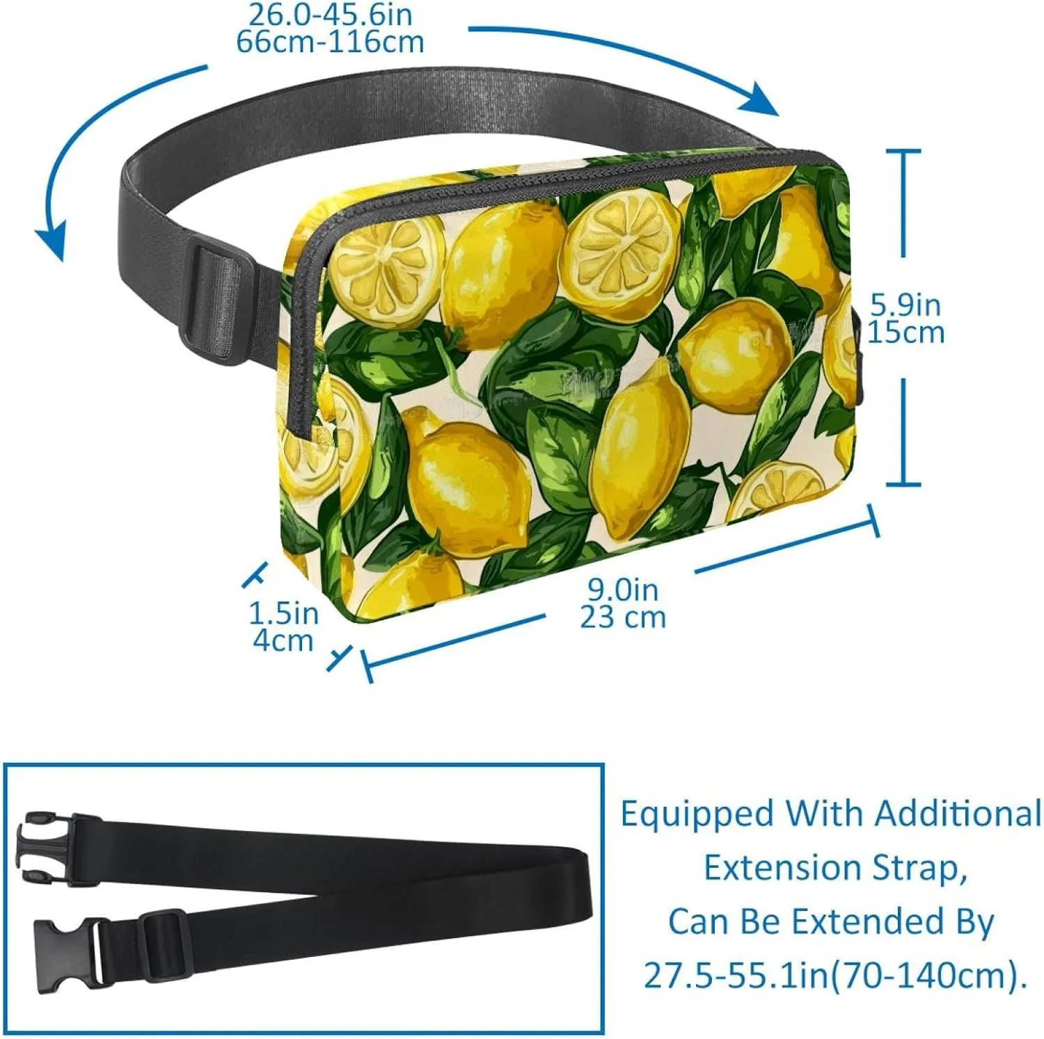 Crossbody Belt Bag for Women Men, Lemon Leaves Pattern Fanny Packs with Zipper Pockets,Waterproof Waist Packs with Adjustable Strap for Workout Running Traveling Hiking
