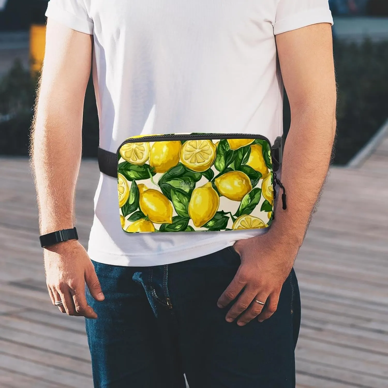 Crossbody Belt Bag for Women Men, Lemon Leaves Pattern Fanny Packs with Zipper Pockets,Waterproof Waist Packs with Adjustable Strap for Workout Running Traveling Hiking