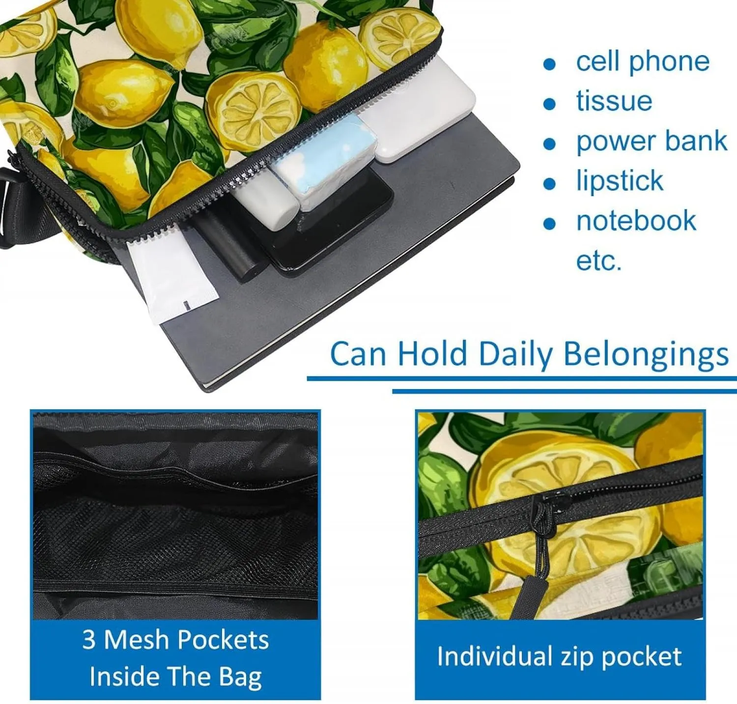Crossbody Belt Bag for Women Men, Lemon Leaves Pattern Fanny Packs with Zipper Pockets,Waterproof Waist Packs with Adjustable Strap for Workout Running Traveling Hiking