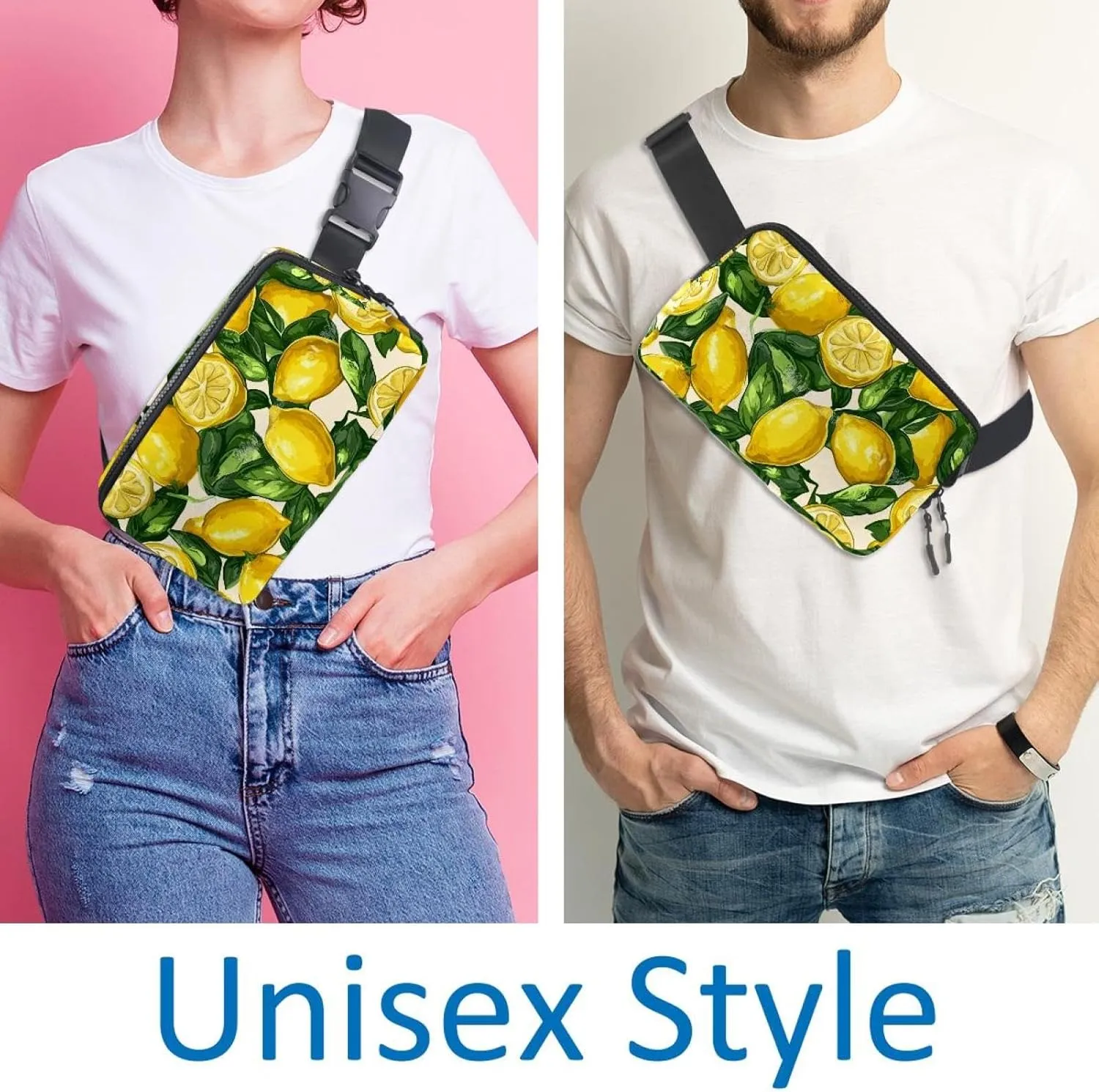 Crossbody Belt Bag for Women Men, Lemon Leaves Pattern Fanny Packs with Zipper Pockets,Waterproof Waist Packs with Adjustable Strap for Workout Running Traveling Hiking