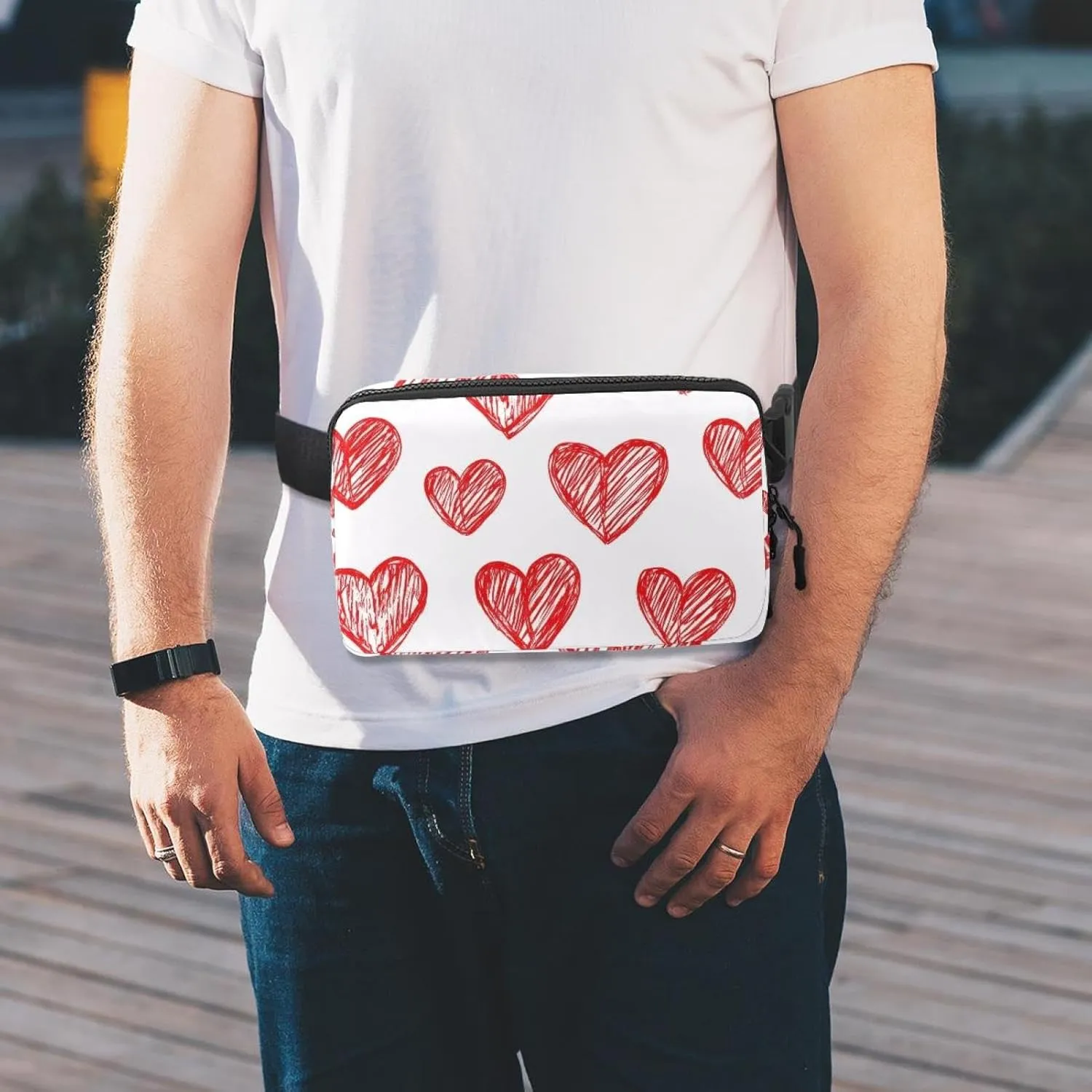 Crossbody Belt Bag for Women Men, Line Red Heart Fanny Packs with Zipper Pockets,Waterproof Waist Packs with Adjustable Strap for Workout Running Traveling Hiking
