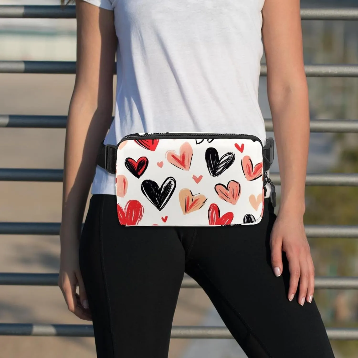 Crossbody Belt Bag for Women Men, Love Hearts Pattern Fanny Packs with Zipper Pockets,Waterproof Waist Packs with Adjustable Strap for Workout Running Traveling Hiking