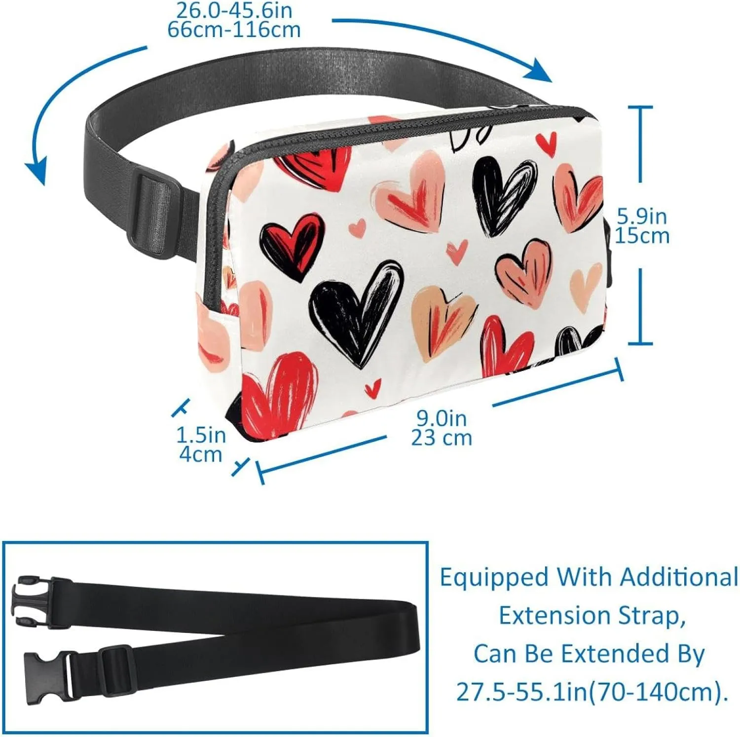 Crossbody Belt Bag for Women Men, Love Hearts Pattern Fanny Packs with Zipper Pockets,Waterproof Waist Packs with Adjustable Strap for Workout Running Traveling Hiking