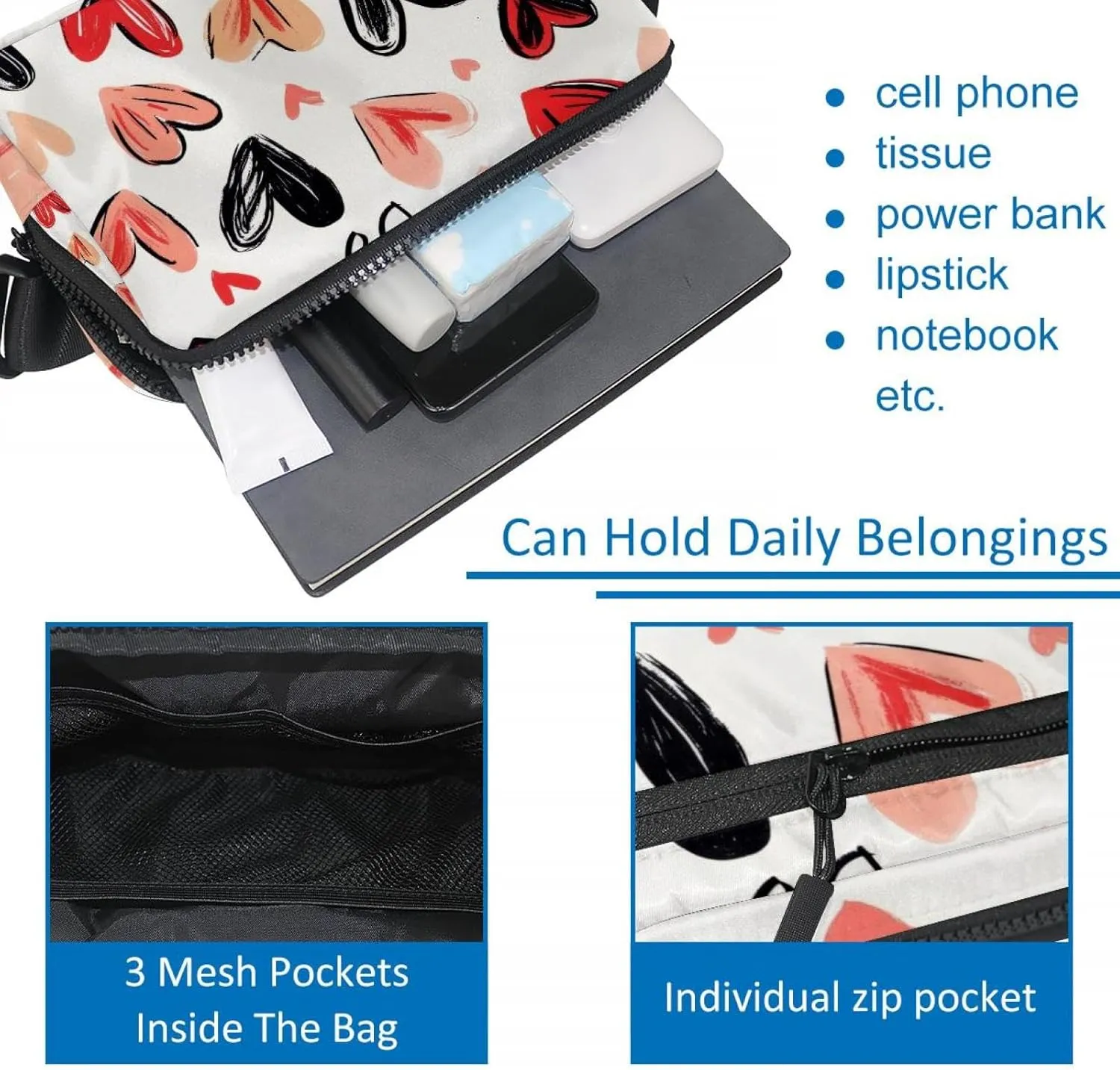 Crossbody Belt Bag for Women Men, Love Hearts Pattern Fanny Packs with Zipper Pockets,Waterproof Waist Packs with Adjustable Strap for Workout Running Traveling Hiking
