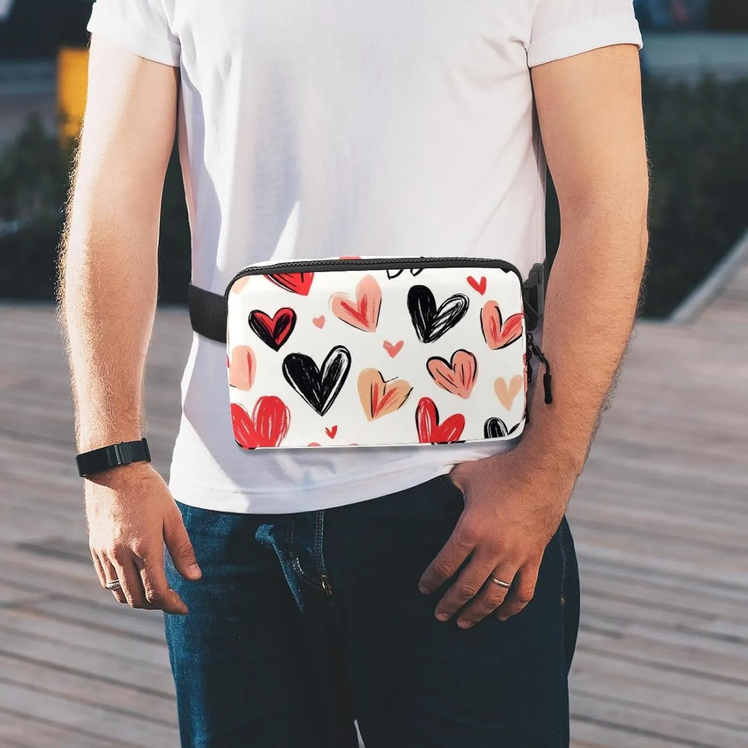 Crossbody Belt Bag for Women Men, Love Hearts Pattern Fanny Packs with Zipper Pockets,Waterproof Waist Packs with Adjustable Strap for Workout Running Traveling Hiking