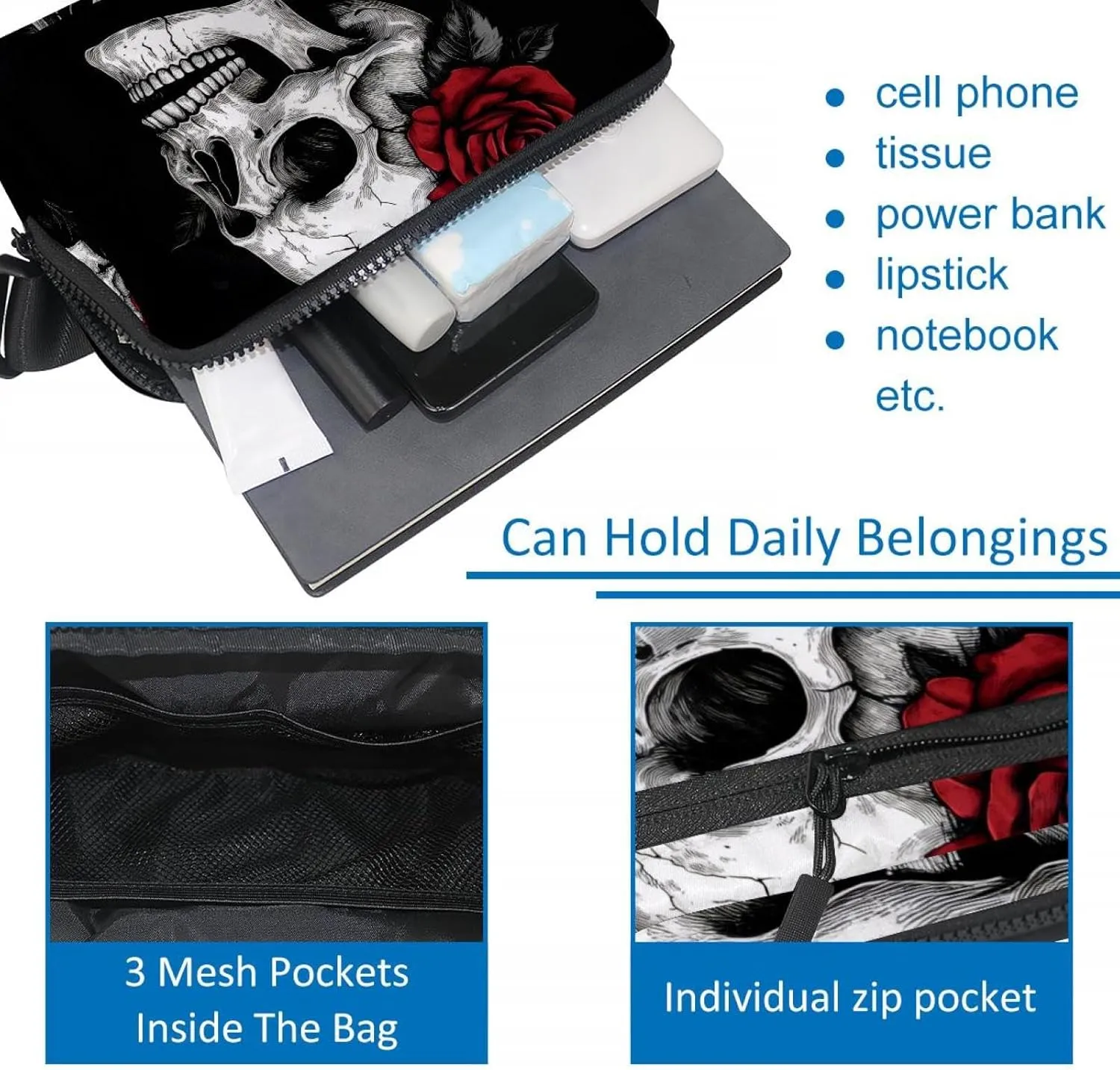 Crossbody Belt Bag for Women Men, Skull Rose Fanny Packs with Zipper Pockets,Waterproof Waist Packs with Adjustable Strap for Workout Running Traveling Hiking