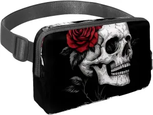 Crossbody Belt Bag for Women Men, Skull Rose Fanny Packs with Zipper Pockets,Waterproof Waist Packs with Adjustable Strap for Workout Running Traveling Hiking